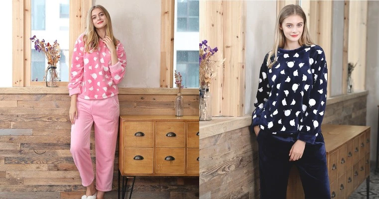 Women&prime;s Winter Polyester Soft Velour Printed Homewear Set 2 Piece Pajamas