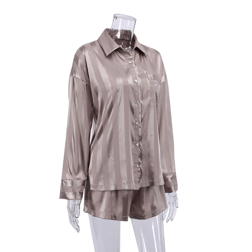 Womens Button Pyjamas Popular Striped Silk Satin 2 Piece Pajamas Shirt and Pants Set Loungewear