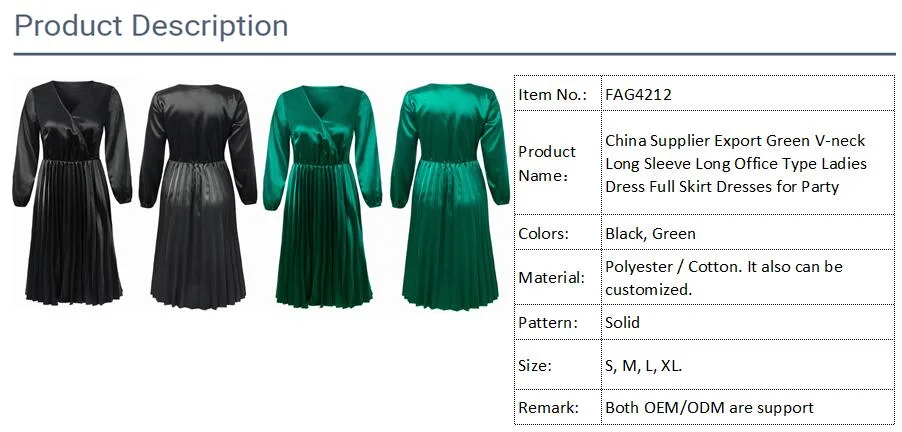 China Supplier Export Green V-Neck Long Sleeve Long Office Type Ladies Dress Full Skirt Dresses for Party