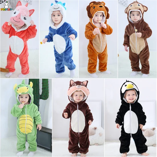Cute Flannel Coral Fleece Baby Rompers Pajamas for Winter with Animal Designs