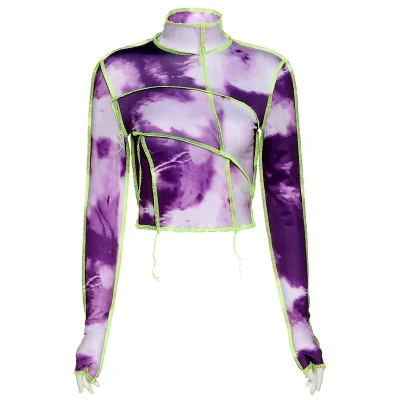 Turtleneck Long Sleeve Tie Dyed Slim Fashionable Sexy T Shirts for Women