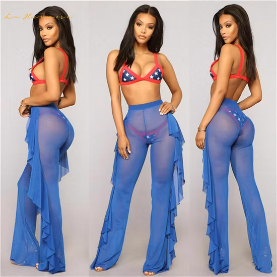 Women Ruffle Pants Beach Swimsuit Cover up Sheer Bikini Swimwear Sexy Mesh Pants