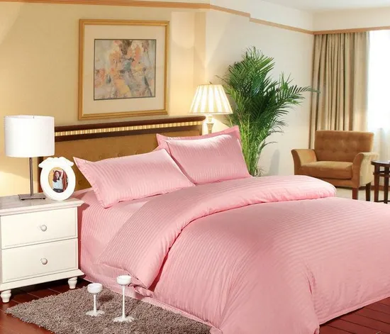 Custom Wholesale Hotel Linen Pink 100% Cotton 3cm Strip Flat Sheet Bed Sheet 