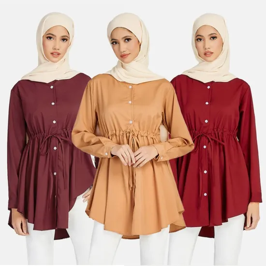 2025 Muslim Women Dress Tunic Tops Long Sleeve Casual Polyester Fashion Modest Shirts Muslim Blouses 