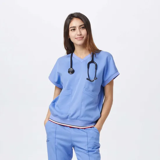 Polyester Spandex Nurse Scrubs Set Stretch Salon Uniform SPA Tunics 